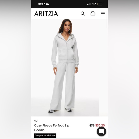 Aritzia TNA cozy fleece perfect fit, zip up. size XS. Colour Heather Gray. - Picture 2 of 2